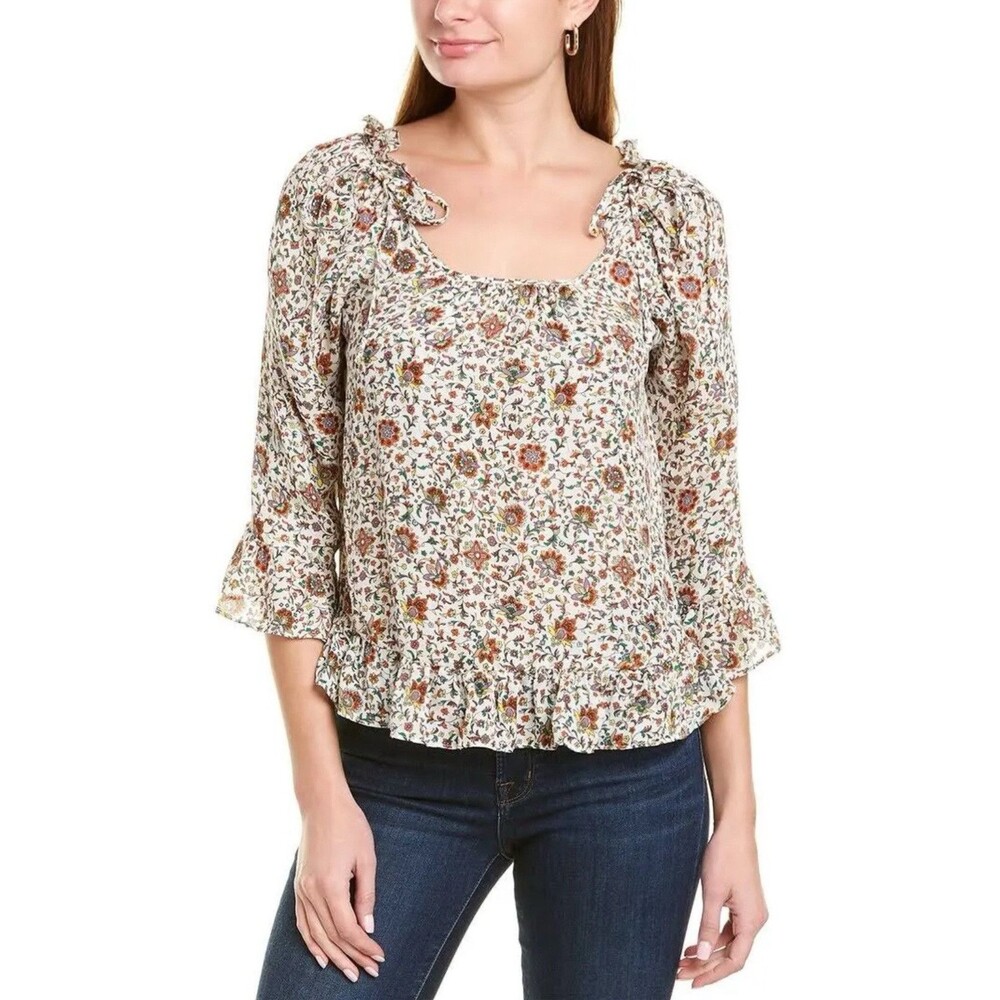 Tory Burch Floral Ruffle Peasant Blouse Women’s 3/4 Sleeve Boho Square Neck Top